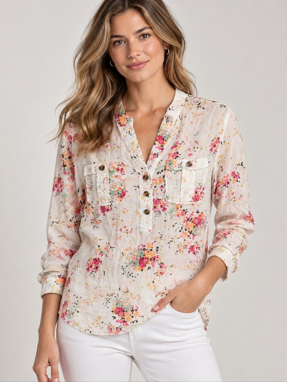 Eden & Olivia White Floral Button-Front Casual Shirt